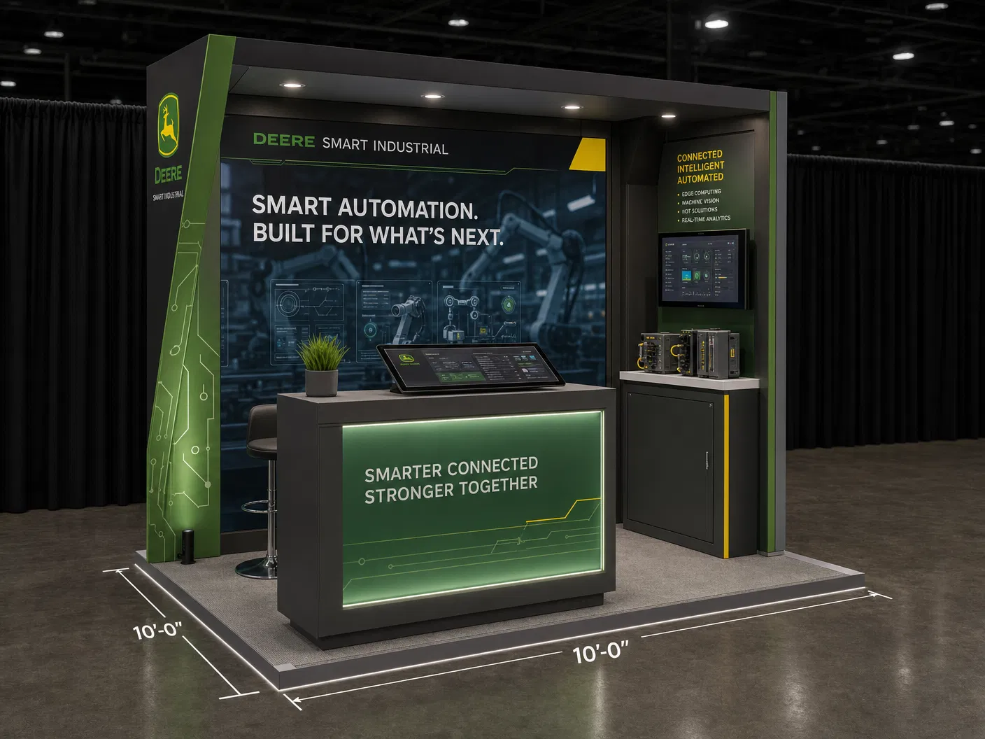 10' x 10' IMTS inline LED exhibit for Precision-Ag & Industrial Companies with an angled wing wall, central touchscreen bar, and square footprint
