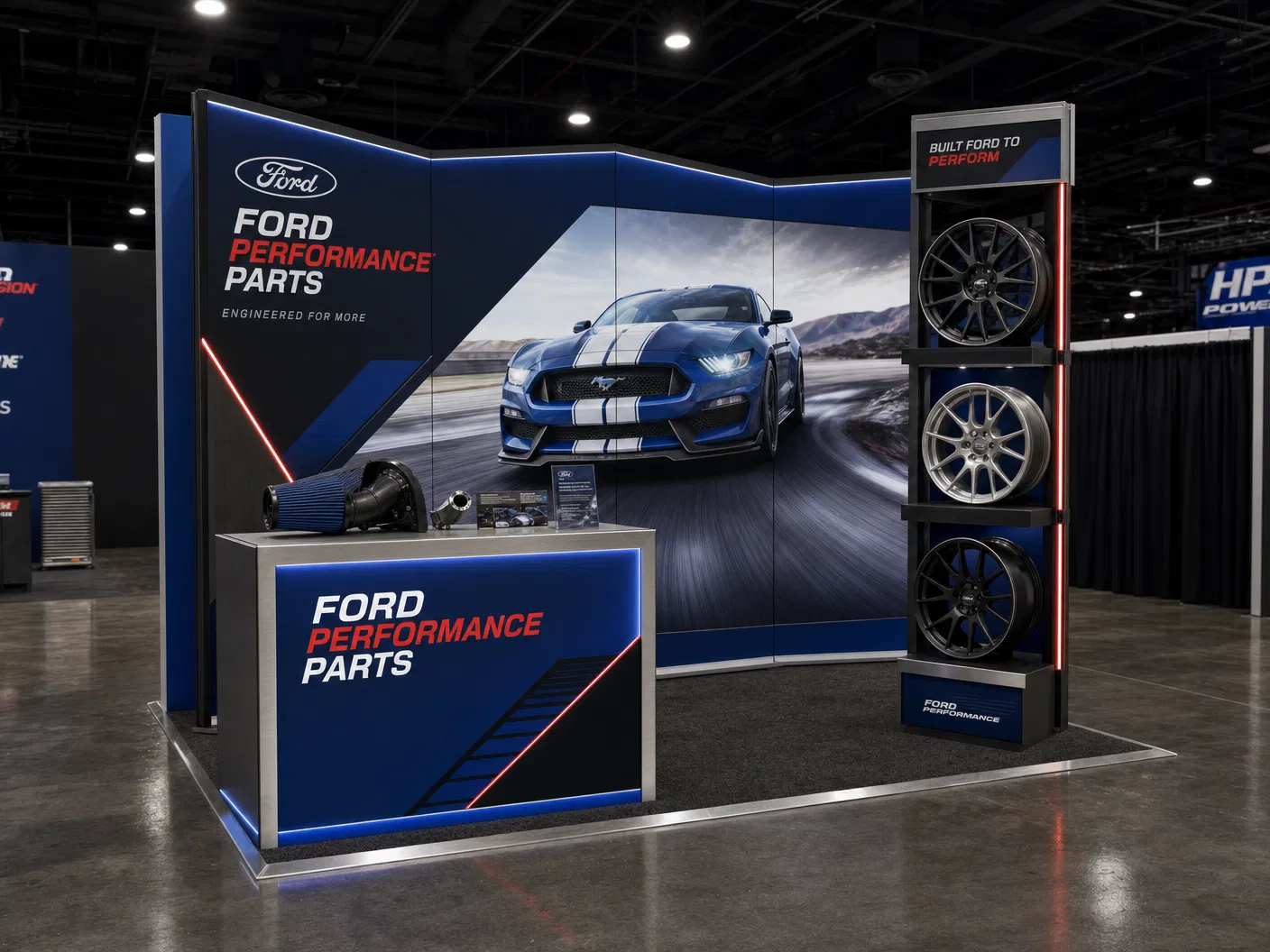 10' x 10' SEMA inline LED exhibit for an automotive-performance exhibitor with a zig-zag media wall, parts counter, and square footprint