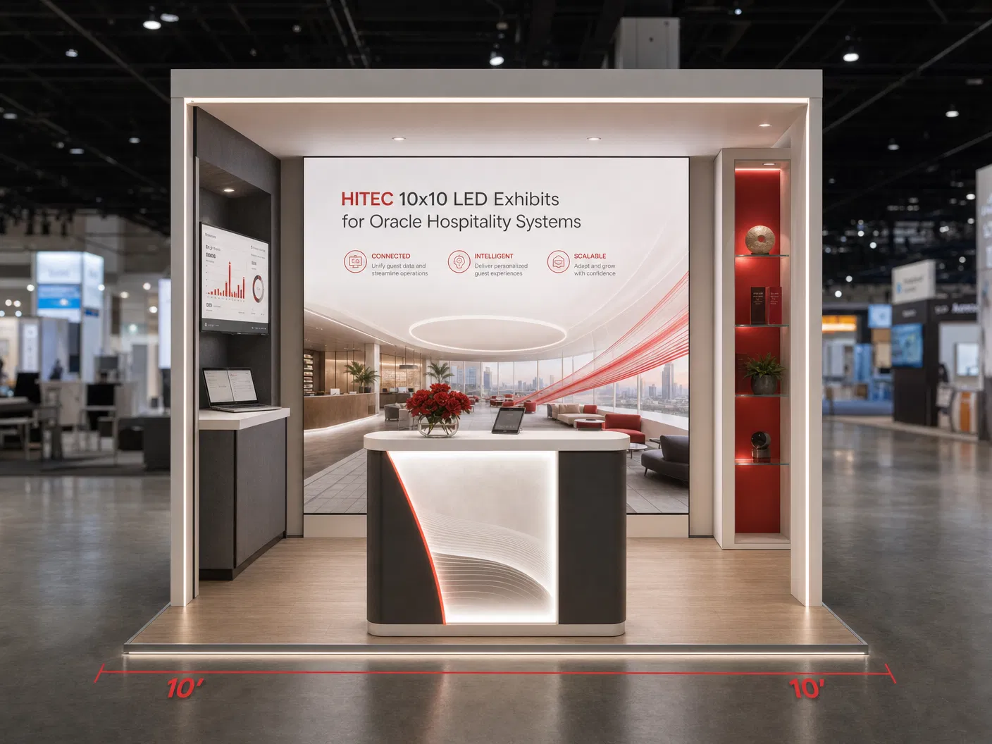 10' x 10' HITEC inline LED exhibit for a hospitality-technology exhibitor with a concierge desk, demo alcove, and square footprint