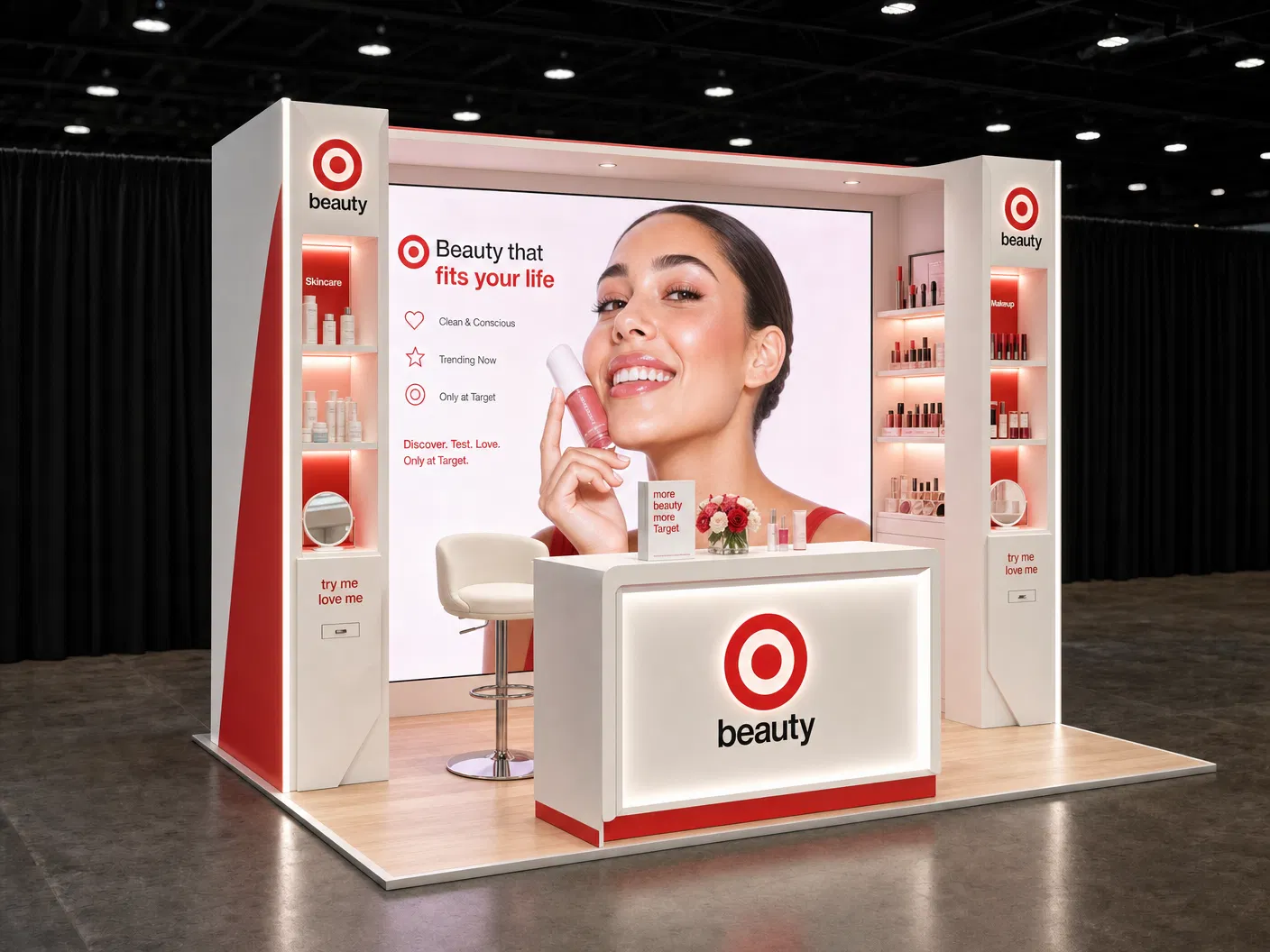 10' x 10' NRF inline LED exhibit for Retail & Beauty Companies with a square footprint, broad rear LED wall, short off-center product bar, and integrated tester towers