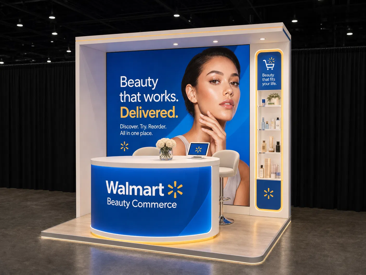 10' x 10' Shoptalk inline LED exhibit for a retail exhibitor with a square footprint, large rear LED wall, left-shifted semicircular LED counter, and illuminated side niche