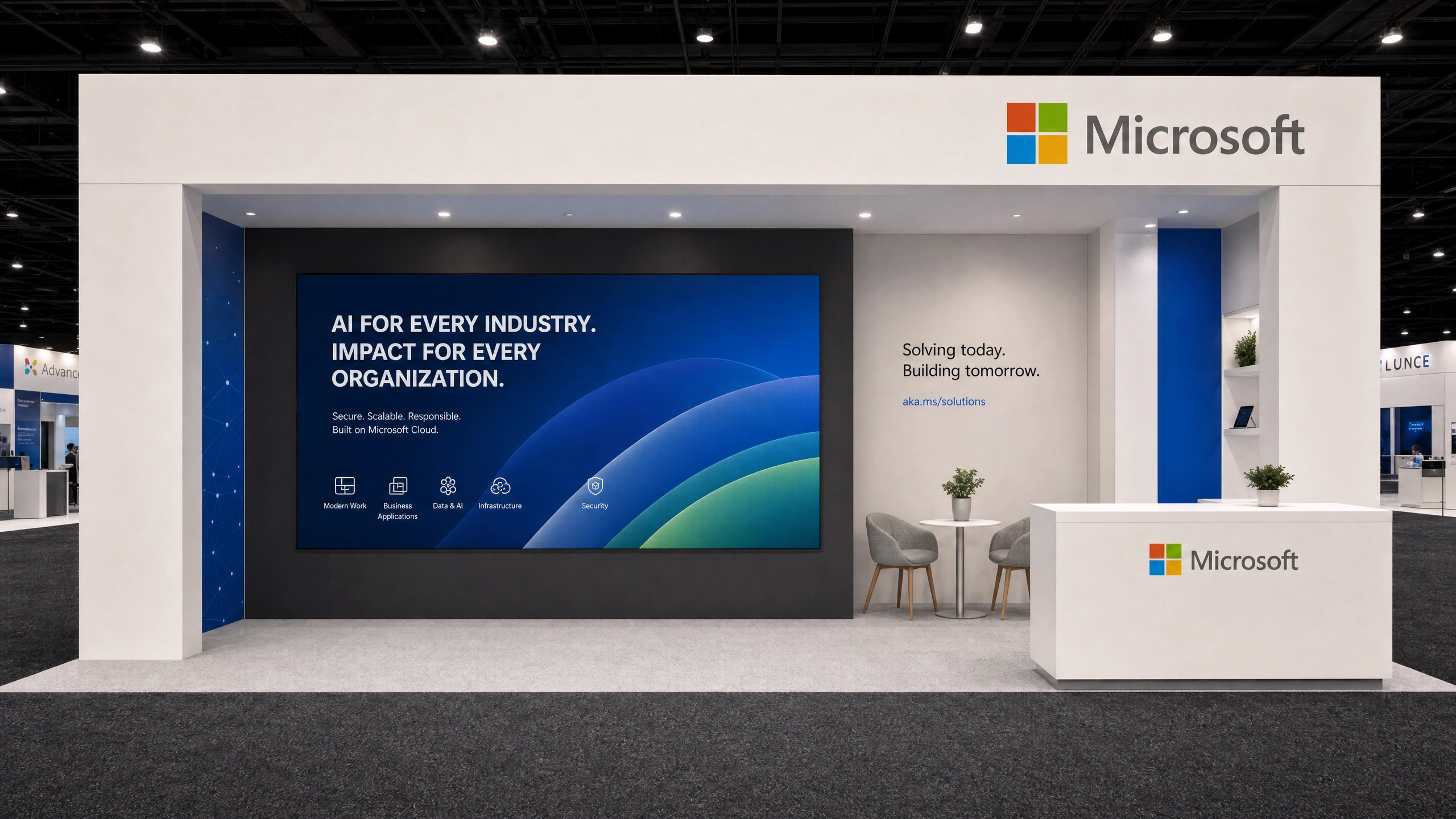 10' x 20' compliant inline exhibit with a concealed-structure offset hero wall and no visible metal