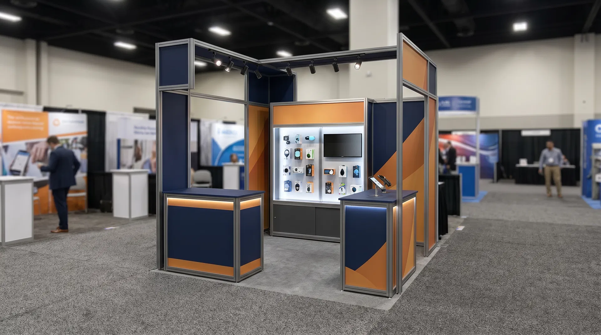 A 10x10 inline trade show exhibit demonstrating clear line-of-sight and modular design for effective lead capture.