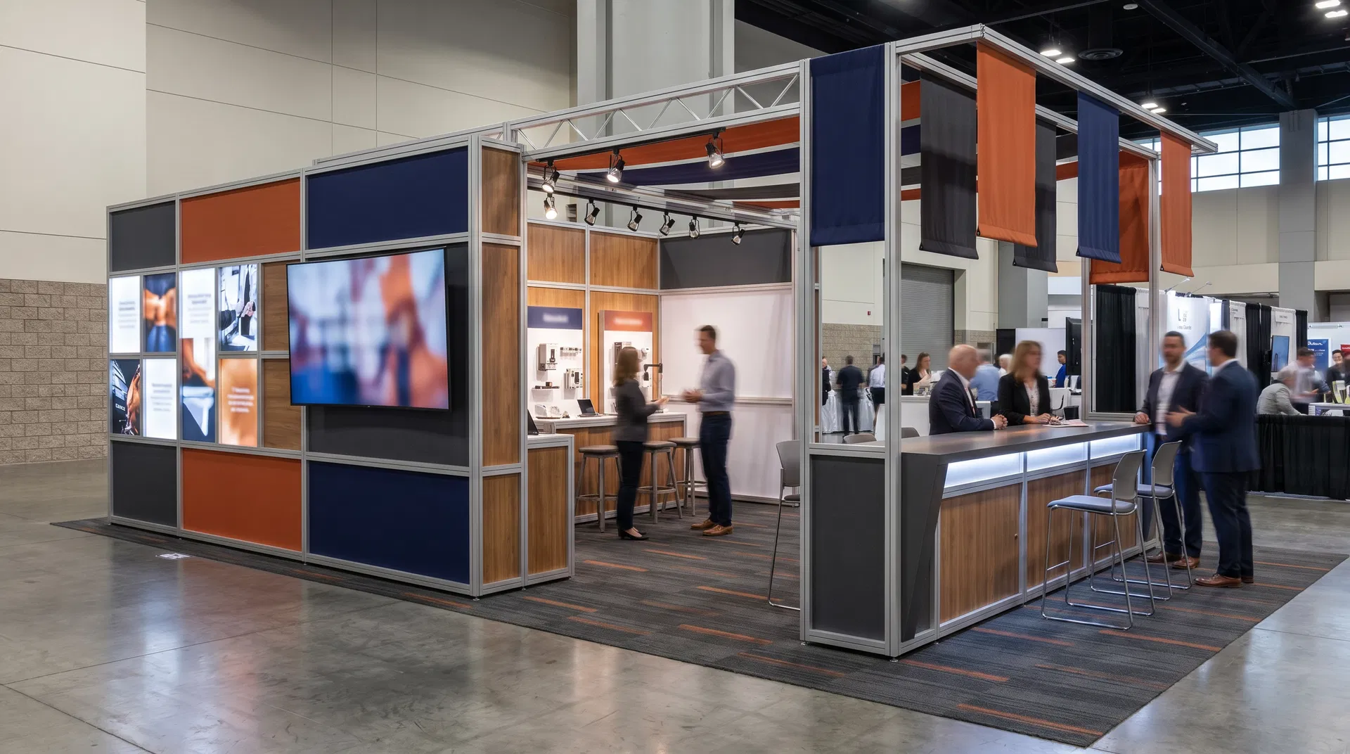 A 10x20 trade show exhibit utilizing modular systems for maximum impact and efficient space utilization.