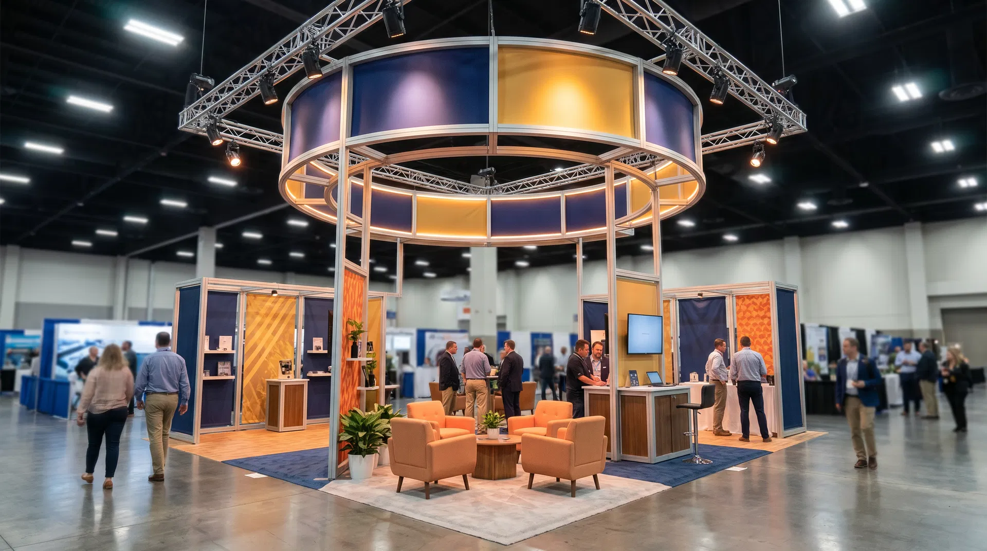 A 20x20 island trade show exhibit layout demonstrating 360-degree visibility and open circulation.