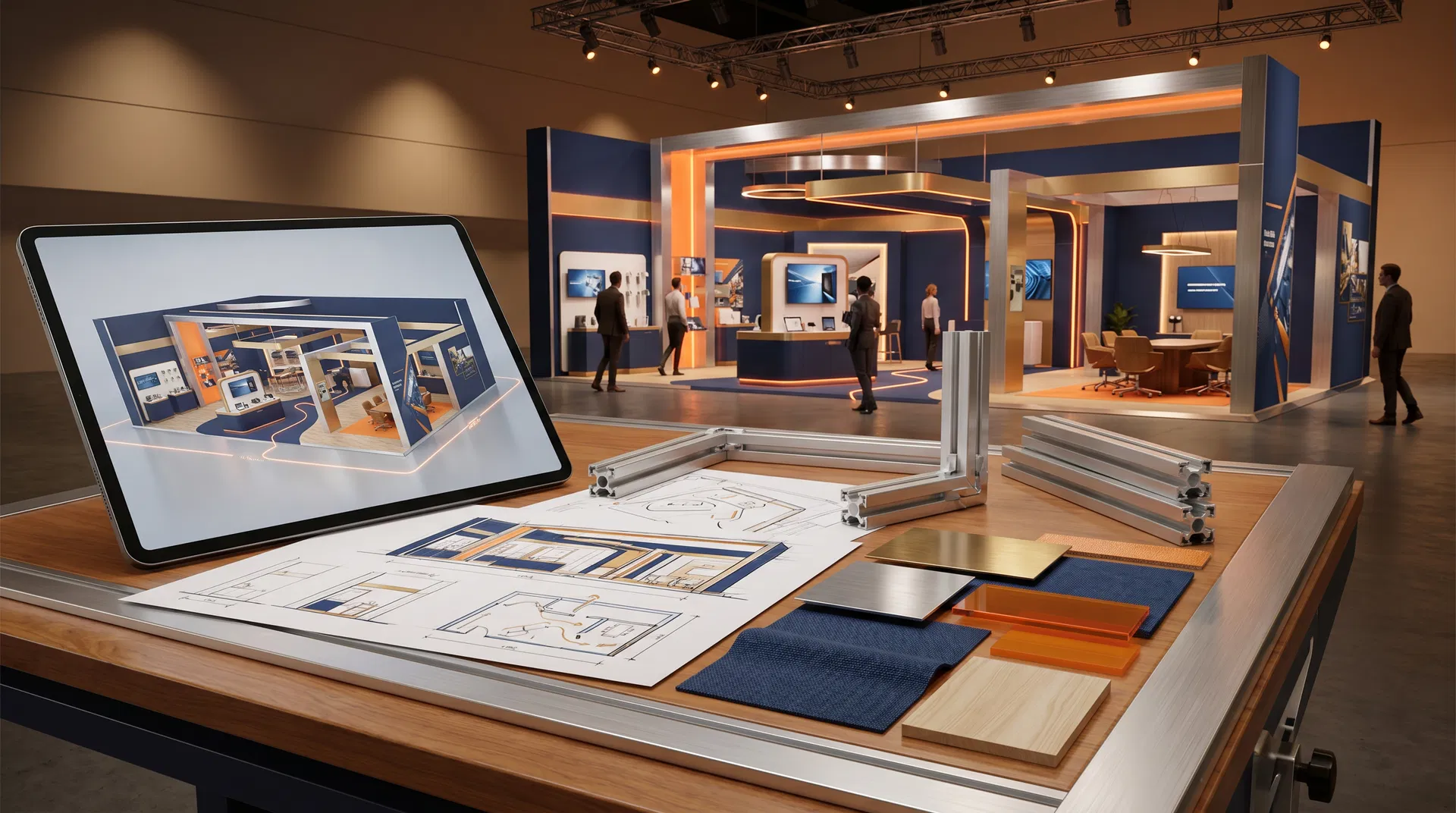 Trade Show Exhibit design featuring modern modular aluminum framing systems and integrated LED video wall technology for maximum visual impact.