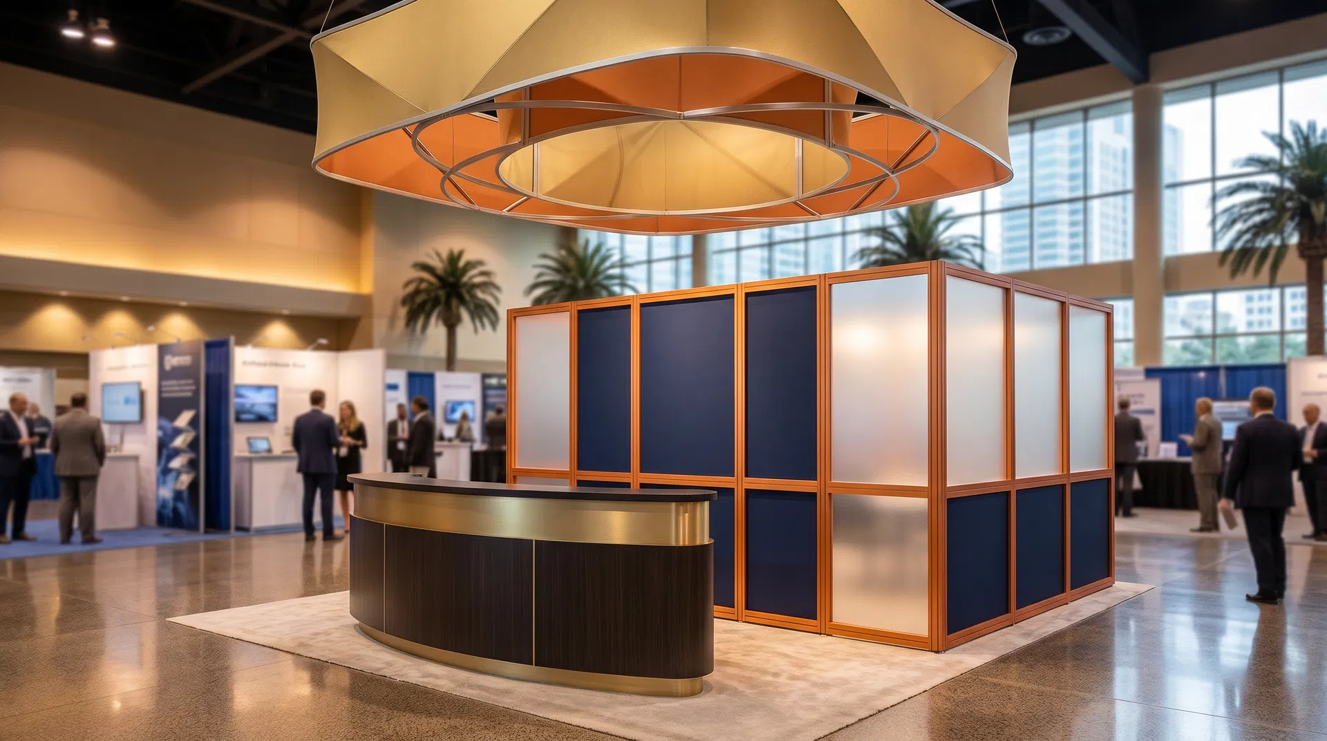 Custom trade show exhibit rental in Orlando featuring modular structures and backlit graphics.