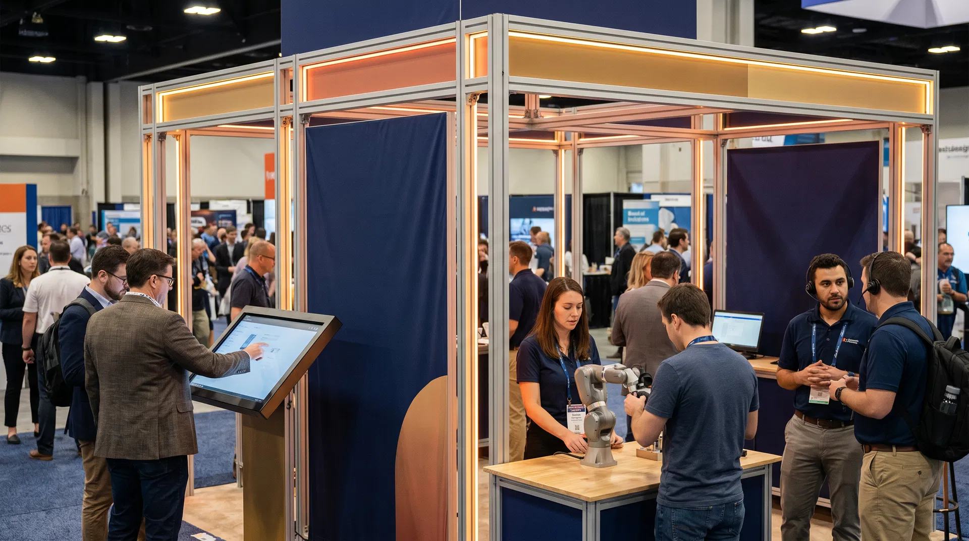 Interactive trade show exhibit ideas featuring modular aluminum frameworks and digital storytelling for better engagement.