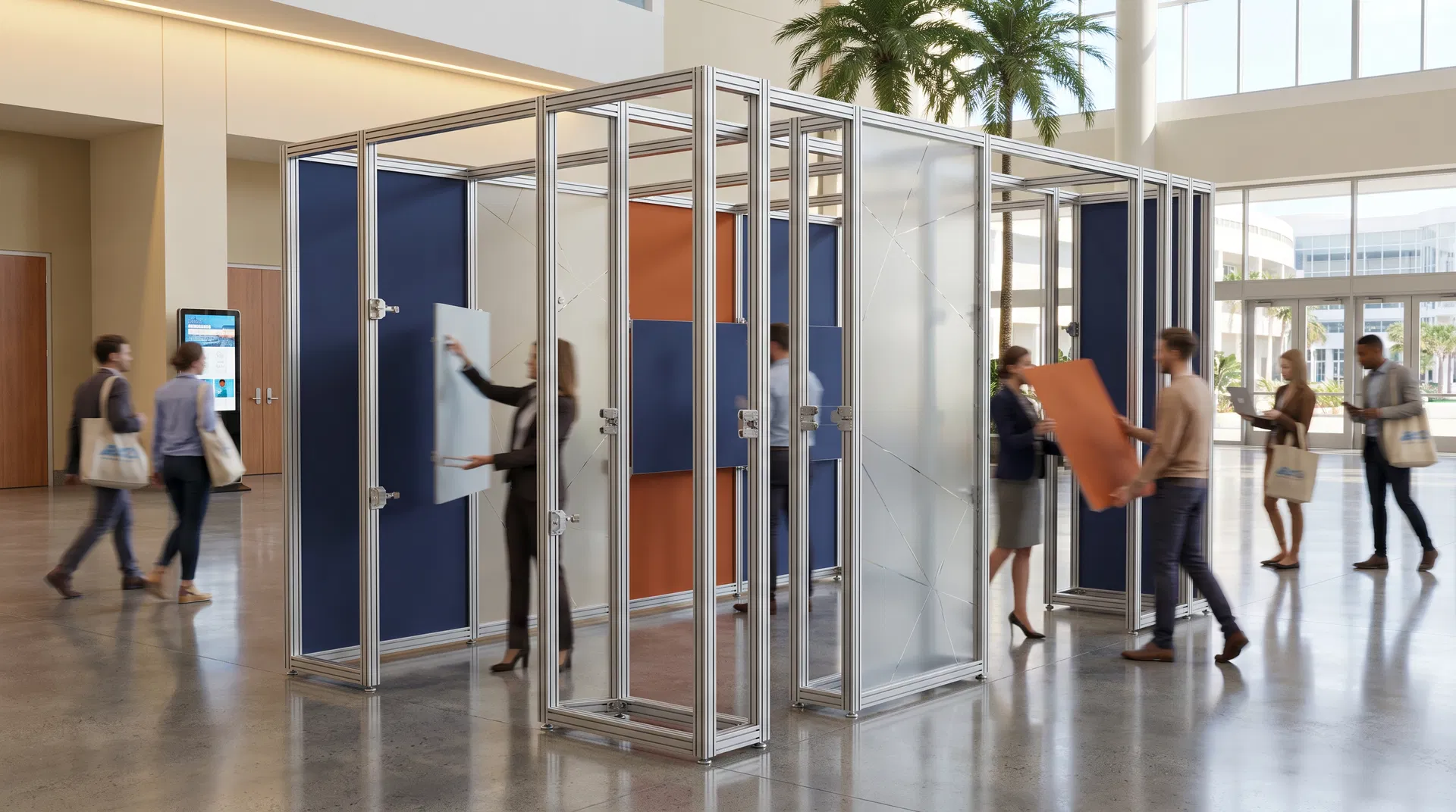 Modular trade show exhibit rental setup at the Orange County Convention Center in Orlando featuring modular aluminum systems.