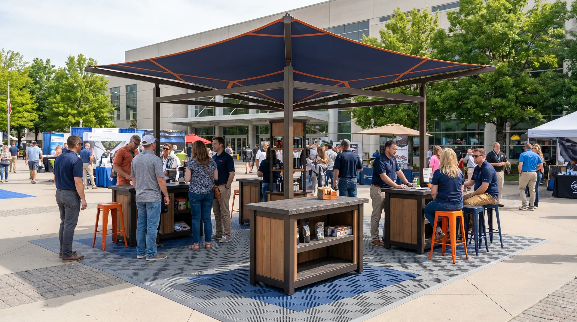 Outdoor trade show exhibit design featuring durable modular aluminum frames, weather-aware graphics, and a clear product demonstration zone.