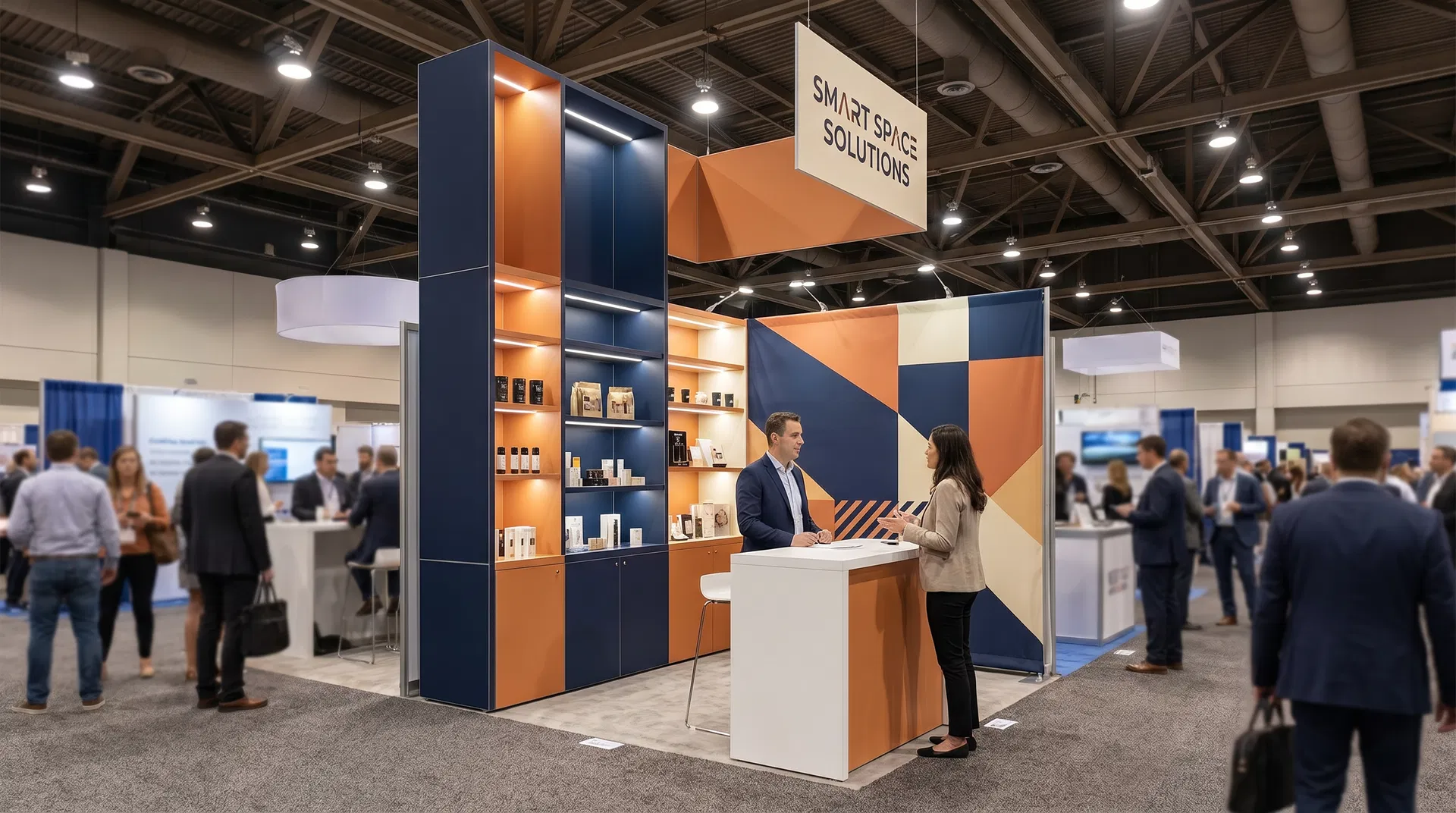 Compact trade show exhibit with disciplined message hierarchy and modular aluminum framework.