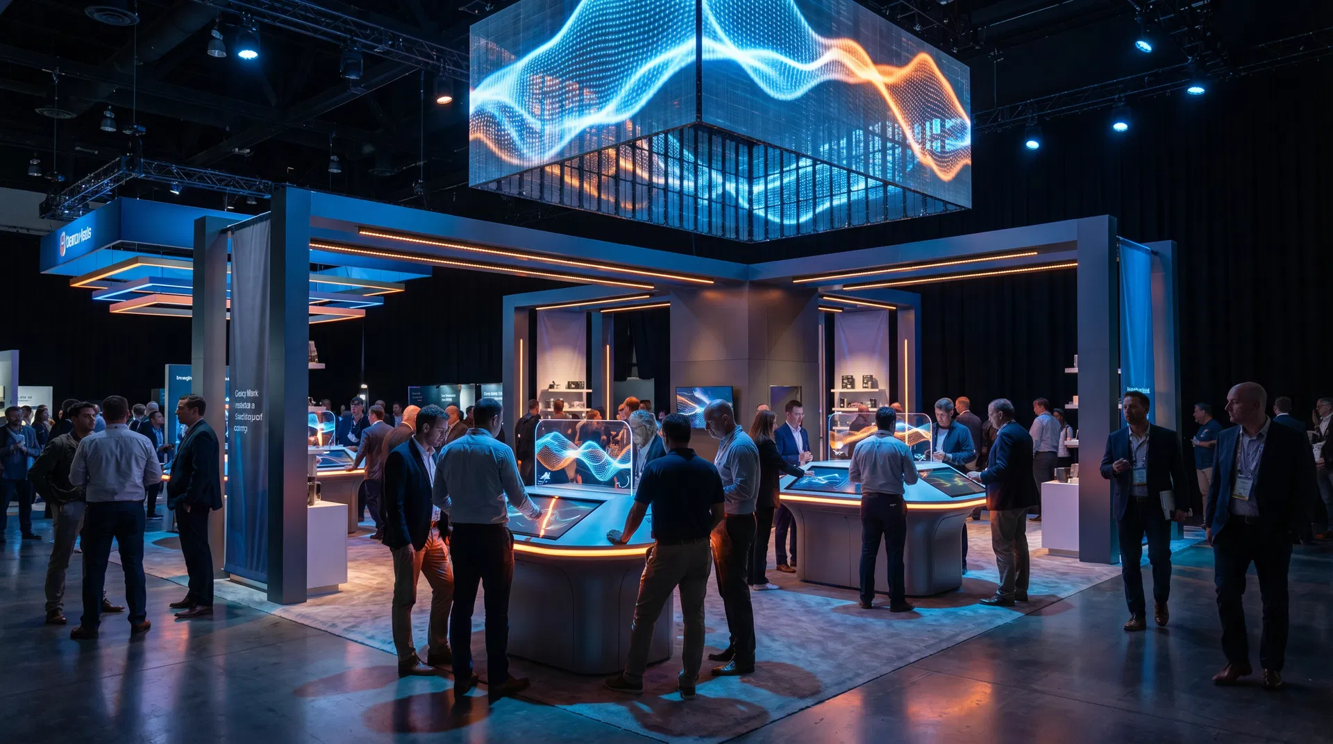 Modular technology trade show exhibit featuring a clear product demo environment and integrated media displays.