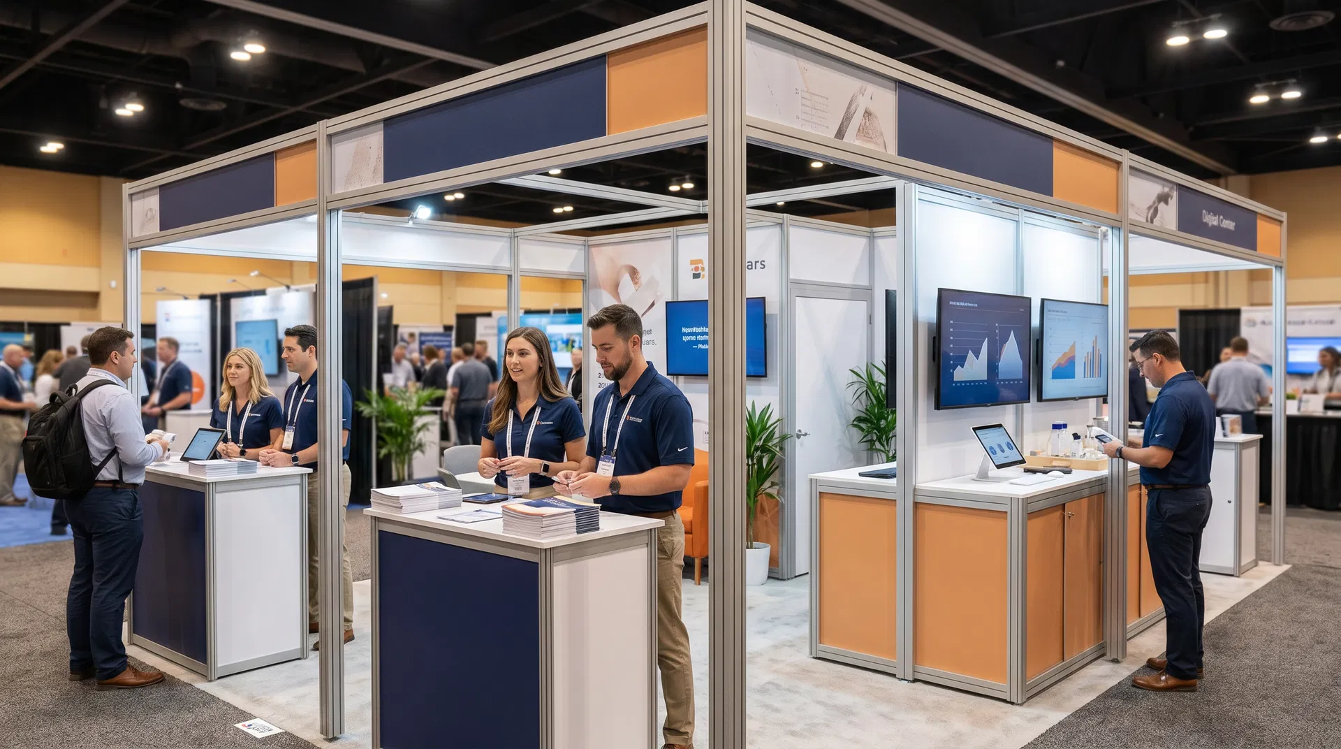 A well-planned modular trade show exhibit demonstrating effective visitor flow and staffing best practices.