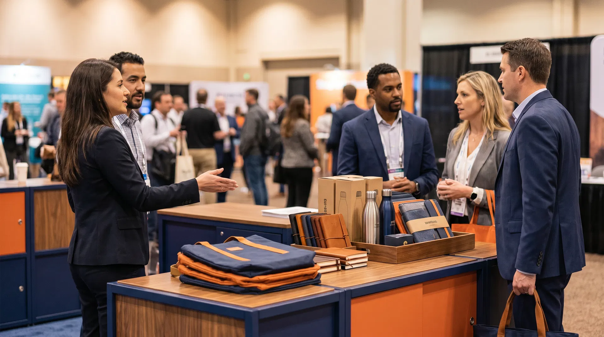 Practical trade show exhibit giveaway items arranged on a display counter for lead qualification.