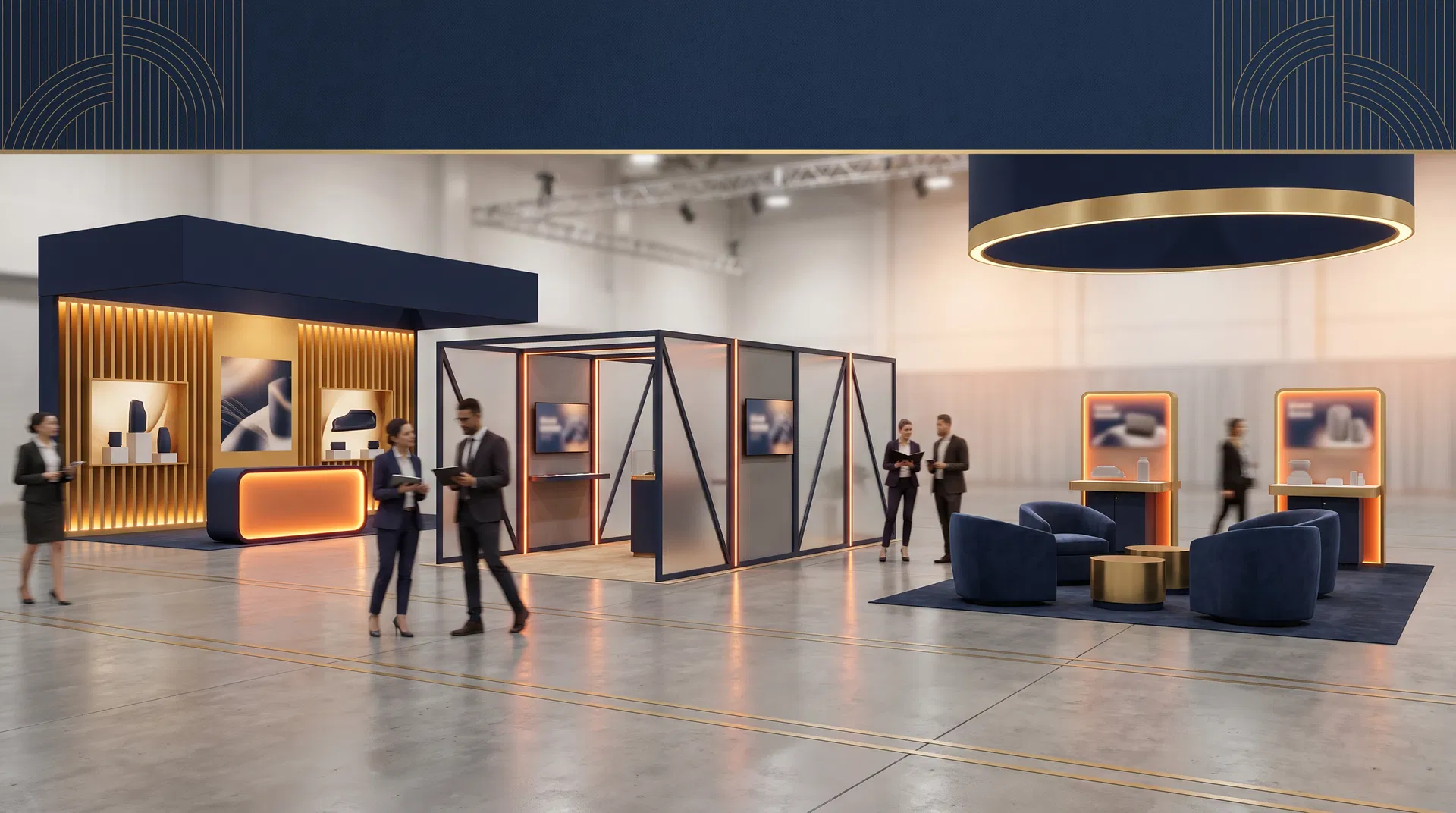 A modern trade show exhibit layout featuring modular systems and clear messaging for 2026 events.
