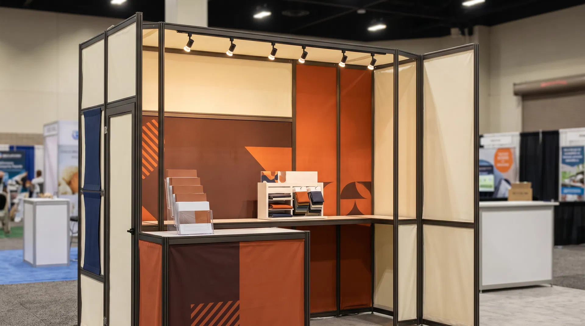 Clean, affordable modular trade show exhibit demonstrating effective use of space and graphics for small budgets.