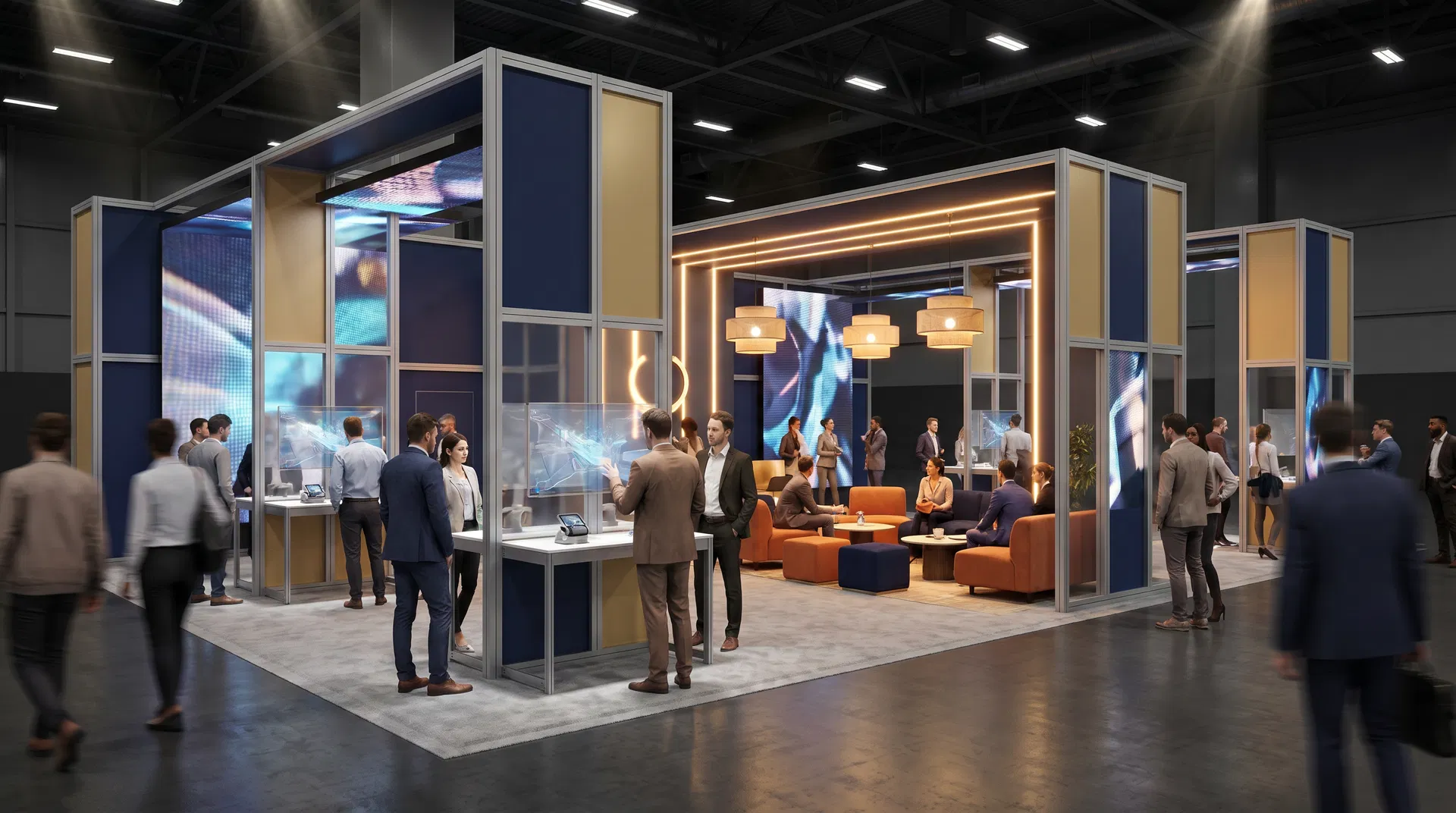 Modern modular trade show exhibit demonstrating 2026 trends with clean layouts and integrated media.