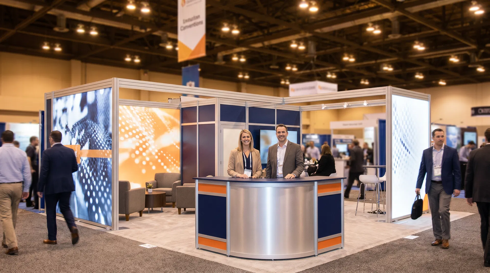 A modular trade show exhibit rental setup in Orlando featuring modular aluminum systems for efficient assembly.