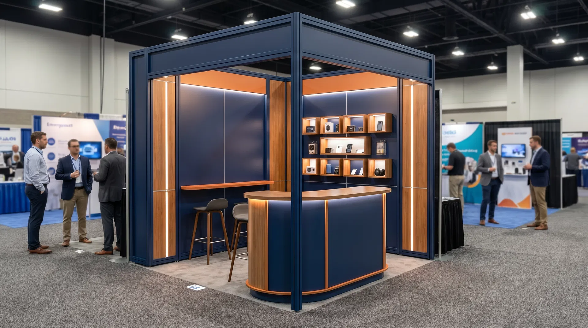 Compact trade show exhibit rental featuring modular aluminum framing, clear graphic presentation, and efficient storage for small exhibit footprints.