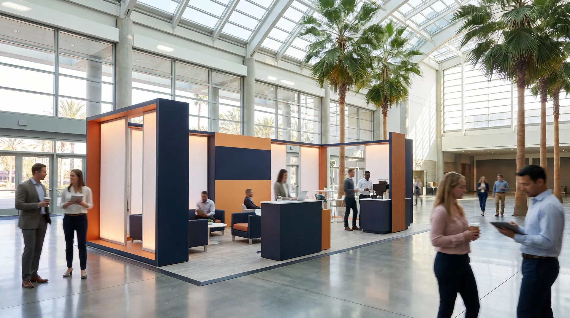 A modular trade show exhibit rental featuring integrated LED video wall displays at the Orange County Convention Center.