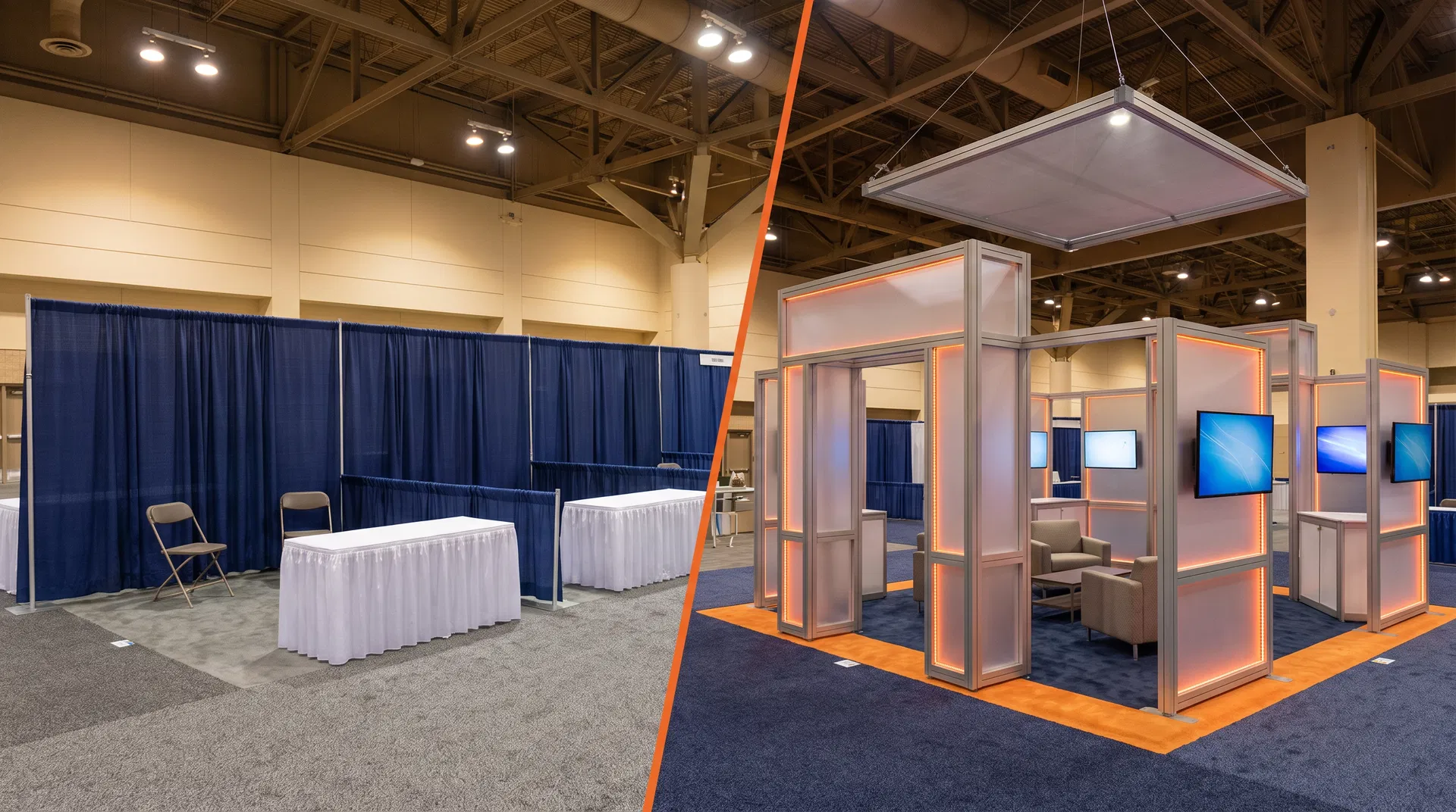 A modular trade show exhibit rental in Orlando featuring modular aluminum frames and integrated lighting, contrasting with basic exhibit setups.