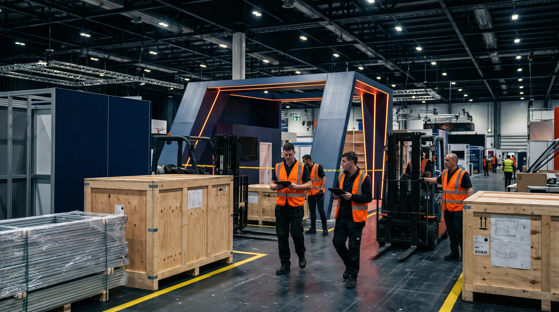 Trade show logistics planning with freight, labor, and installation schedules.