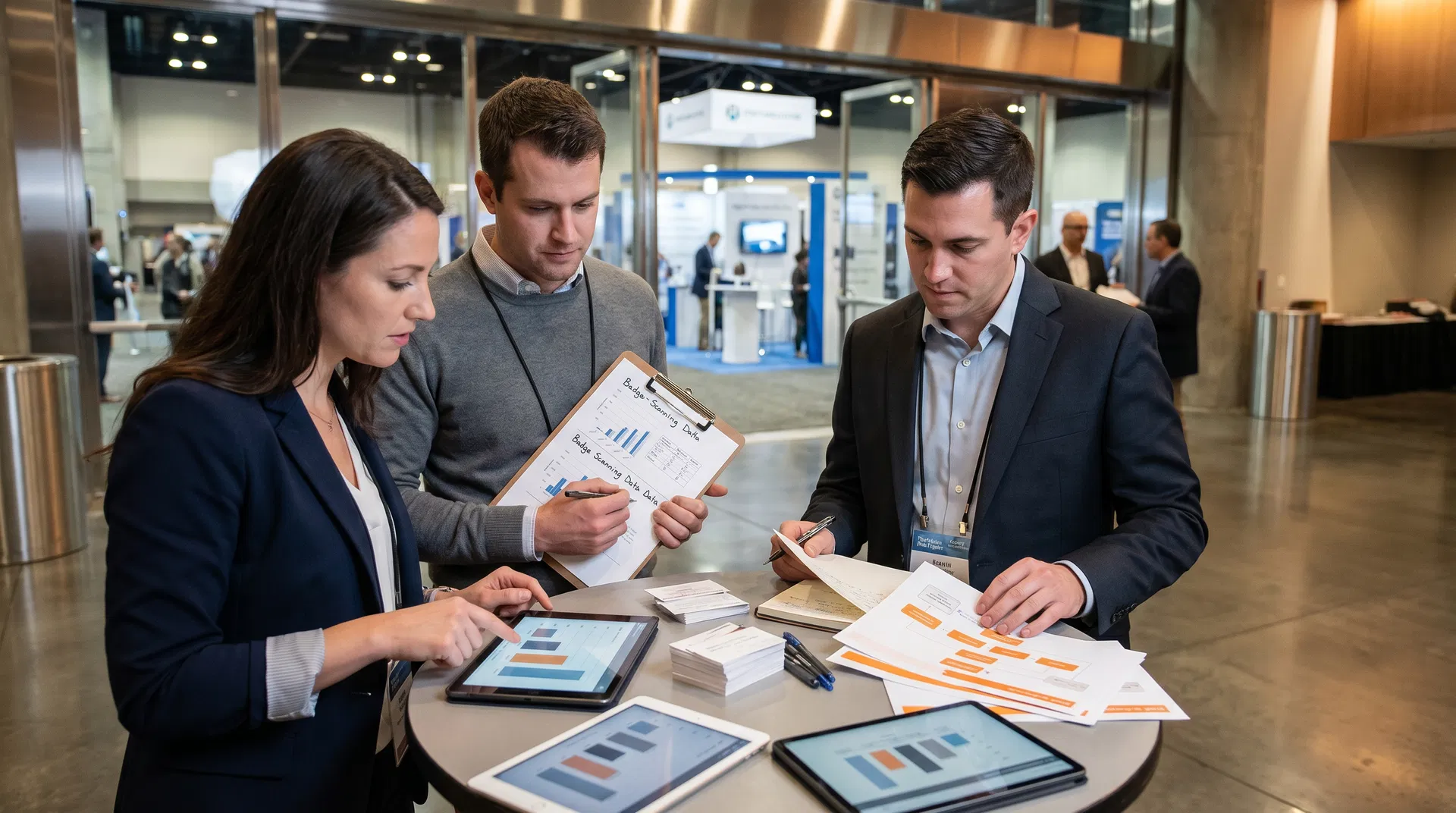 A professional trade show exhibit featuring a lead capture station and meeting area designed for accurate performance measurement.
