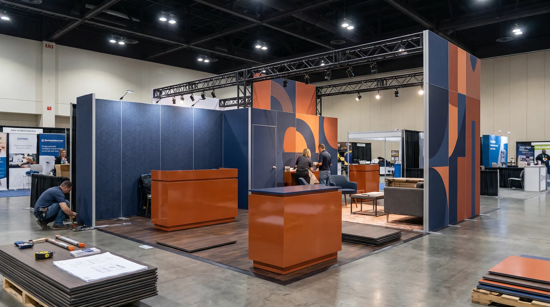 A cohesive trade show set environment built with modular frames and integrated graphics for a smooth exhibit experience.