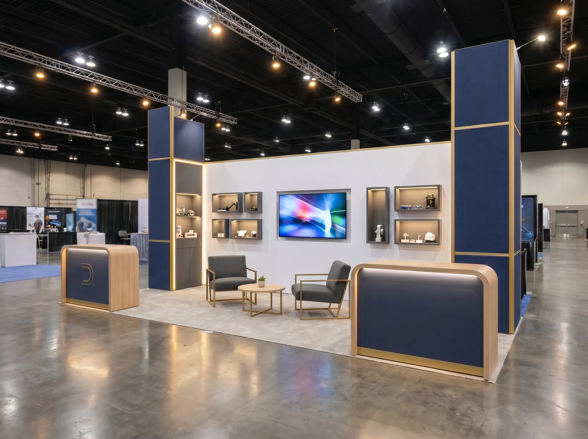 10x30 trade show exhibit rental — dual hospitality bars design