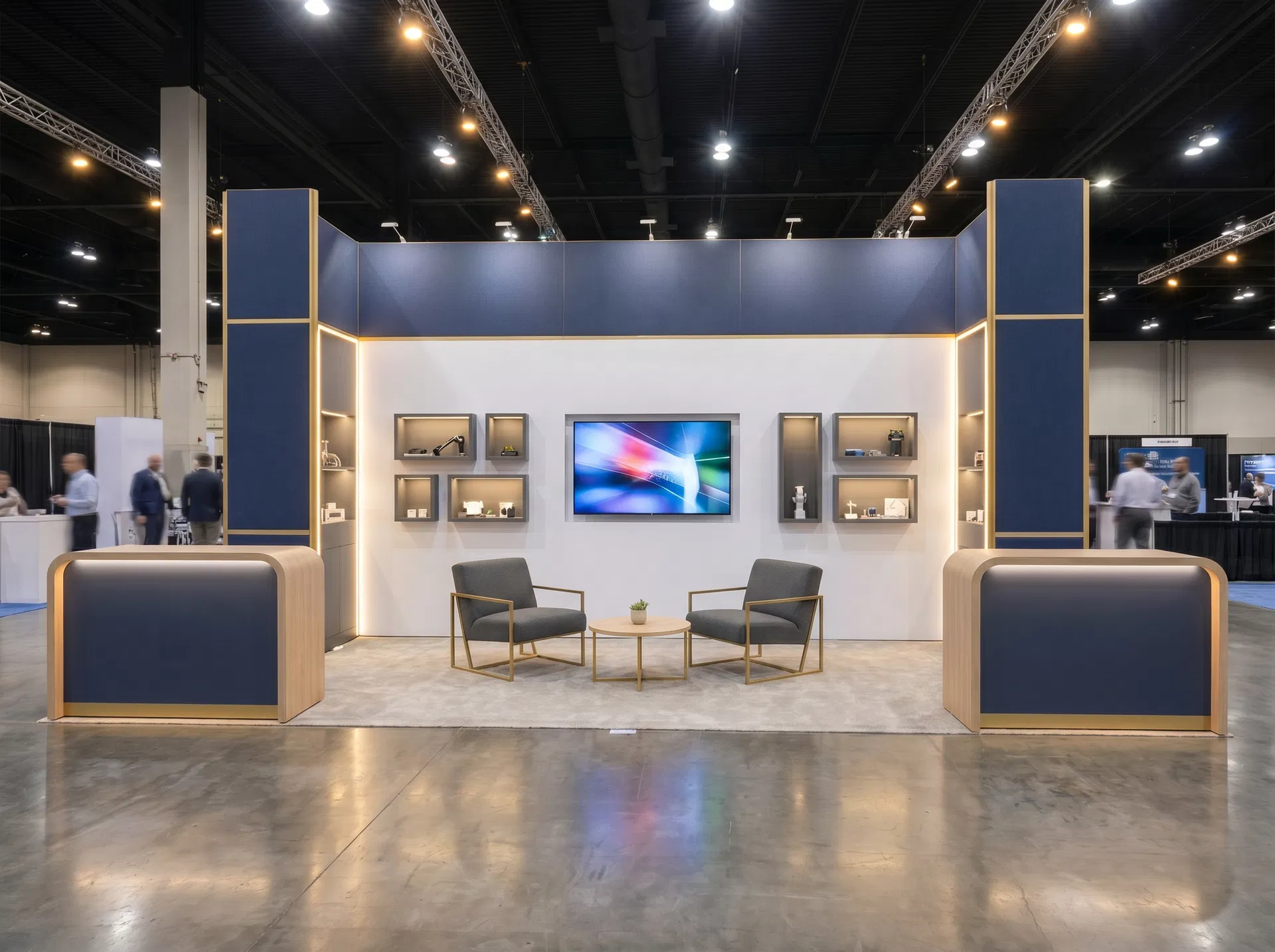 10x30 trade show exhibit rental — dual hospitality bars design