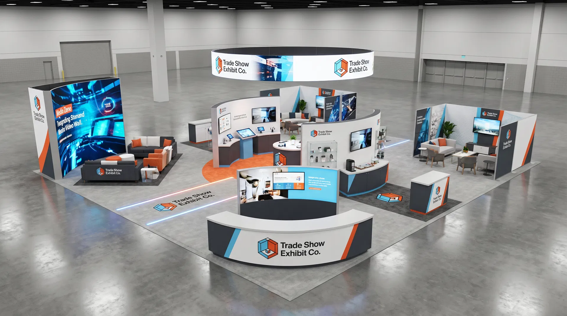 50x50 trade show exhibit rental — open-circulation island design