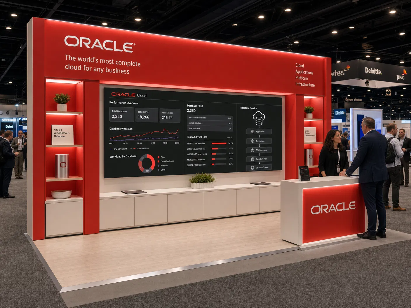 10x20 executive briefing wall LED exhibit with a luminous red surround, centered LED display, integrated side niches, and a branded reception counter