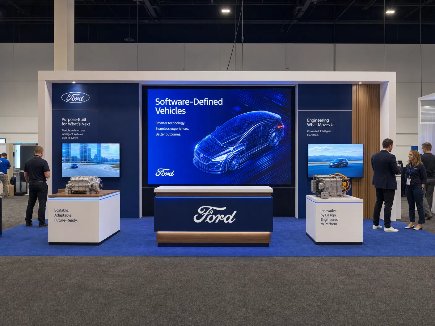 10' x 20' inline LED exhibit concept 18 with a split demo wall and balanced side merchandising bays