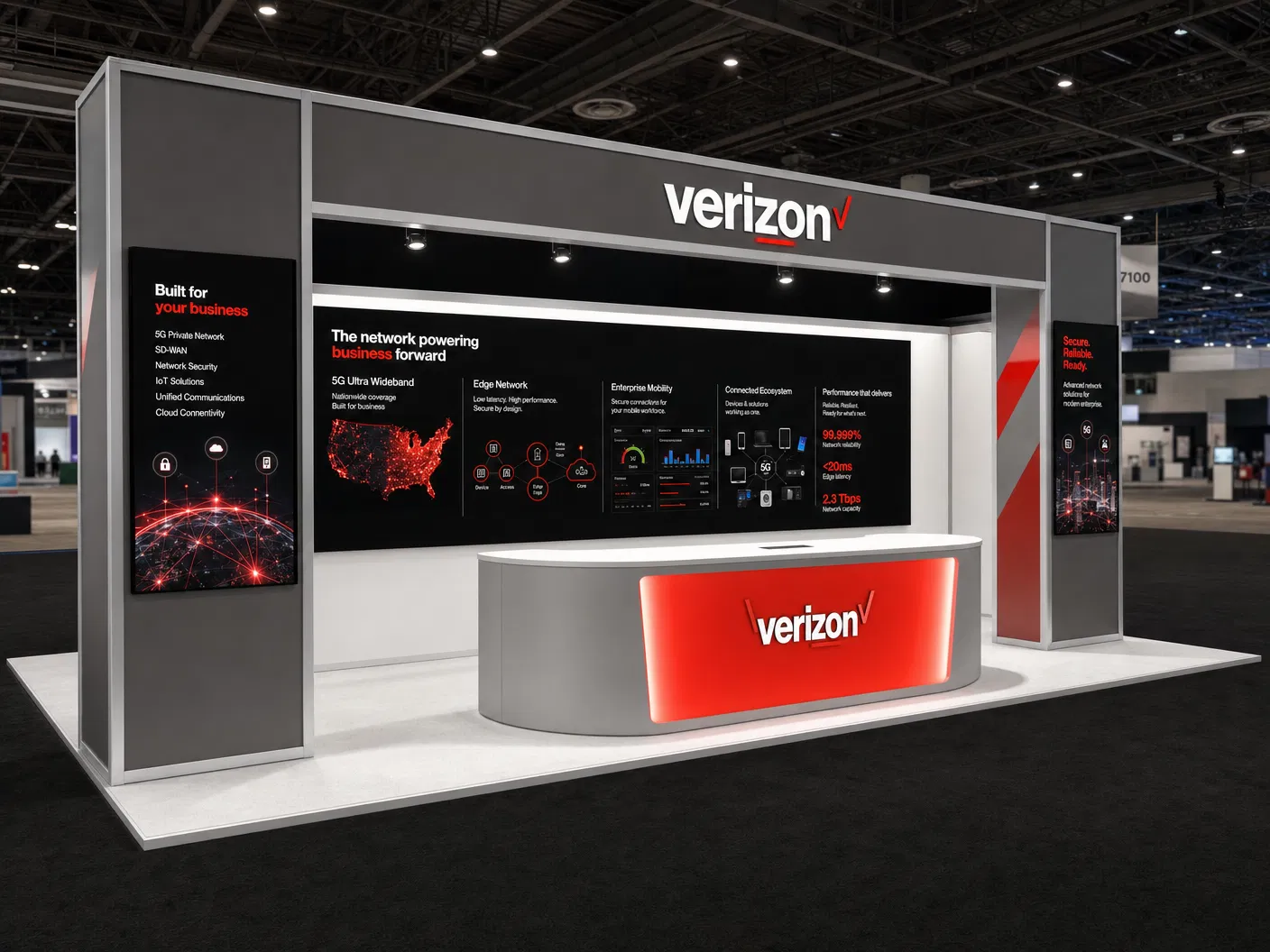 10' x 40' inline LED trade show exhibit concept with a telecom exhibitor-specific telecom dashboards across the rear wall, side towers, and counter face
