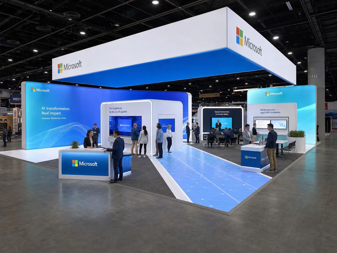 20' x 40' island LED trade show exhibit collection with preserved source posters and hover videos