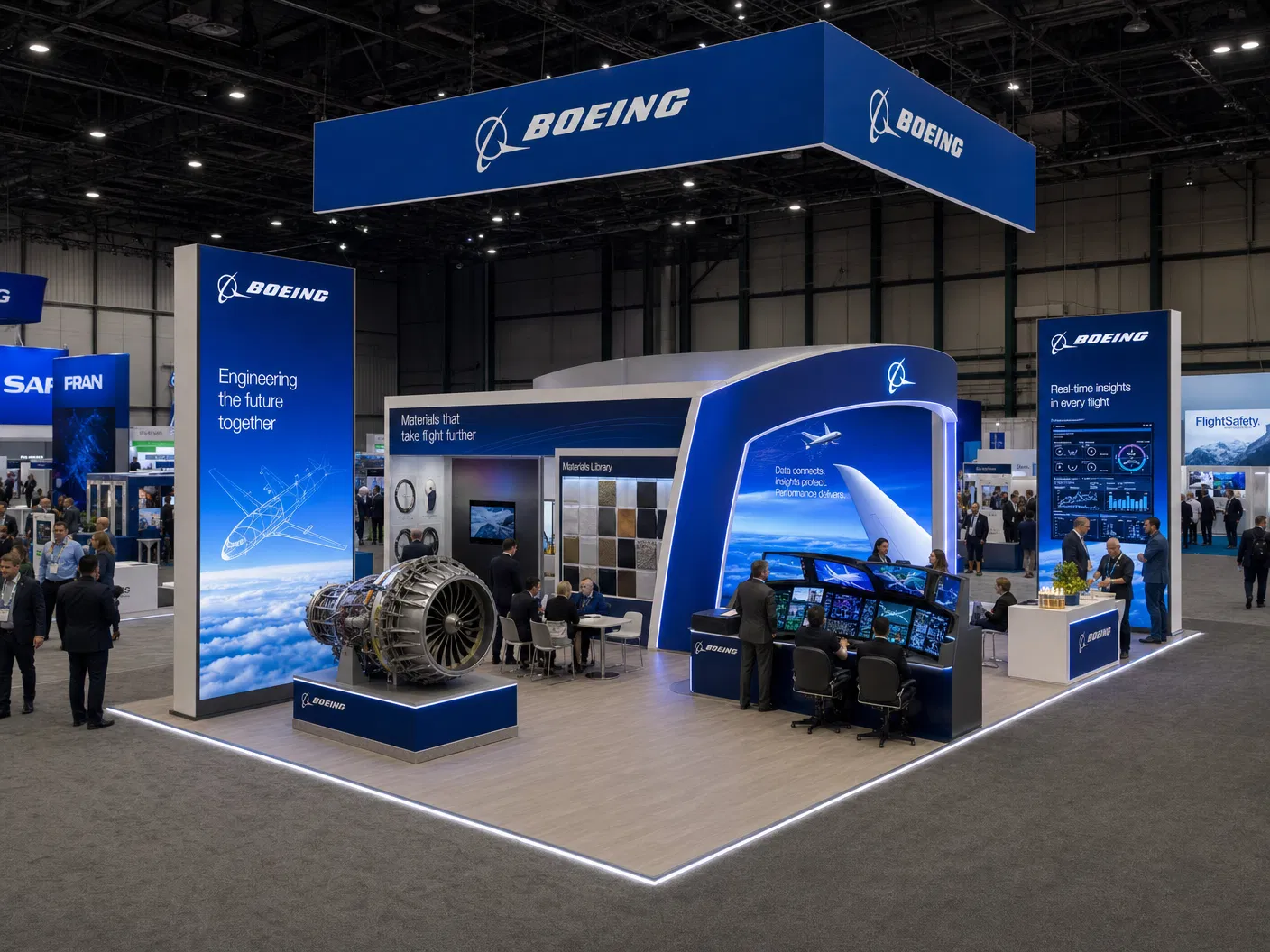 30' x 30' premium LED island concept for an aerospace exhibitor with a diagonal aviation gallery, engine cutaway pedestal, materials wall, briefing table, and cockpit-style simulator bar