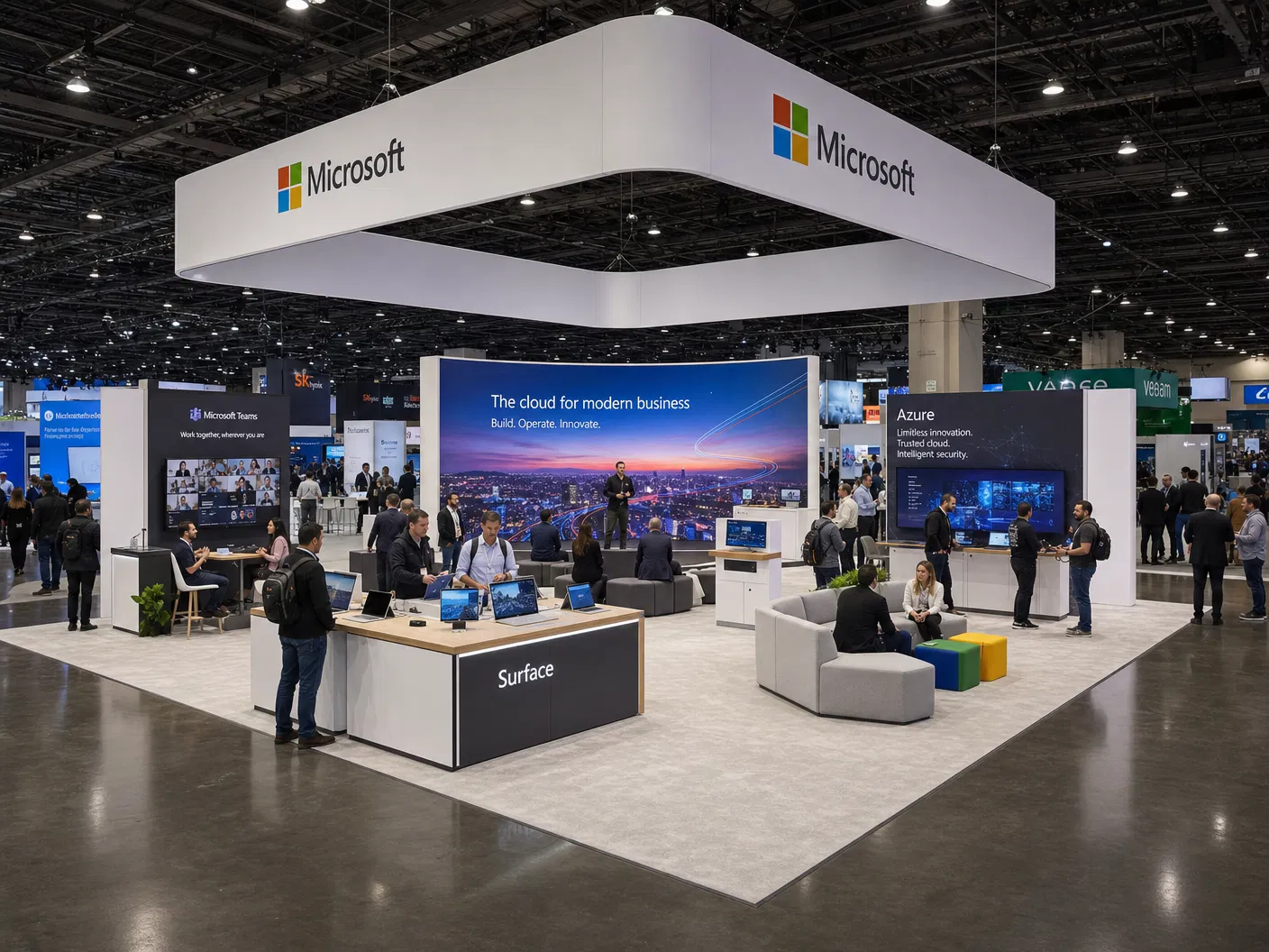 30' x 30' premium LED island concept for an enterprise-technology exhibitor with a four-zone cloud campus, a device demo bar, meeting nook, data-visualization wall, and central lounge cluster