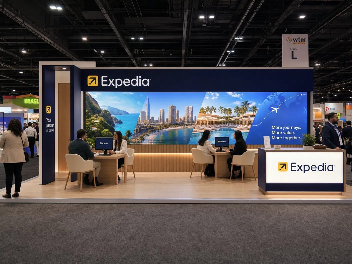 10' x 20' WTM inline LED exhibit for travel companies with Expedia branding, a long destination wall, side portal, and hospitality consultation stations