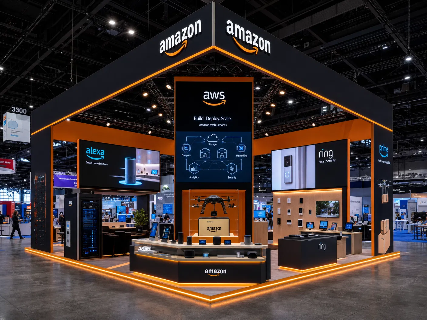 30' x 30' island LED exhibit with integrated video wall and active show-floor presentation
