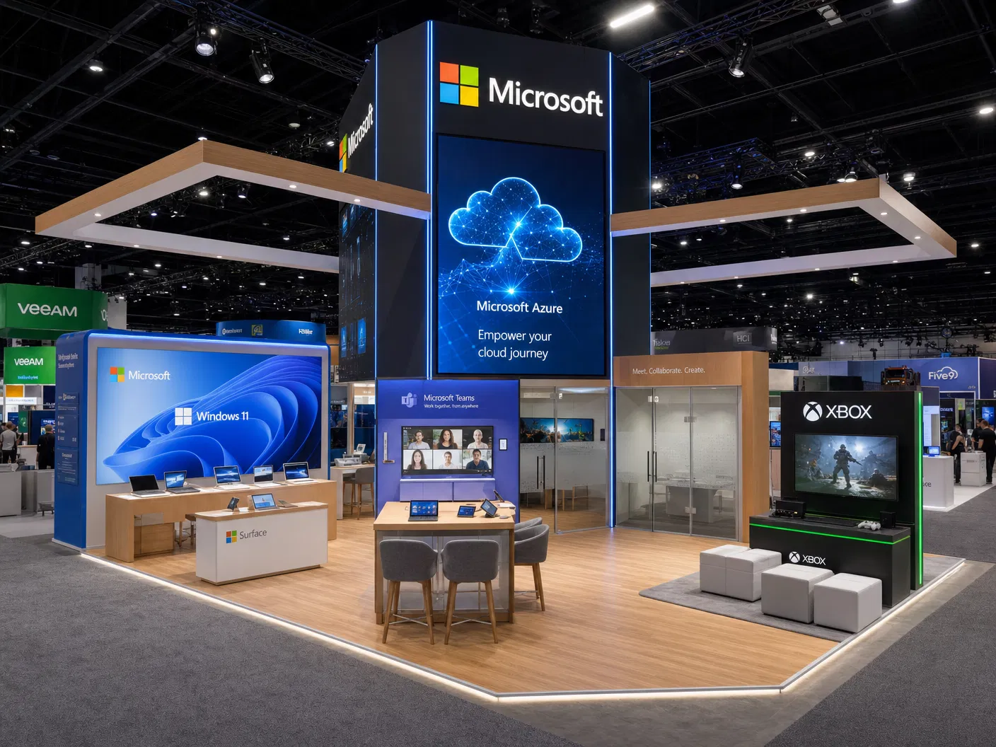 30' x 30' CES island LED exhibit with integrated video wall and active show-floor presentation