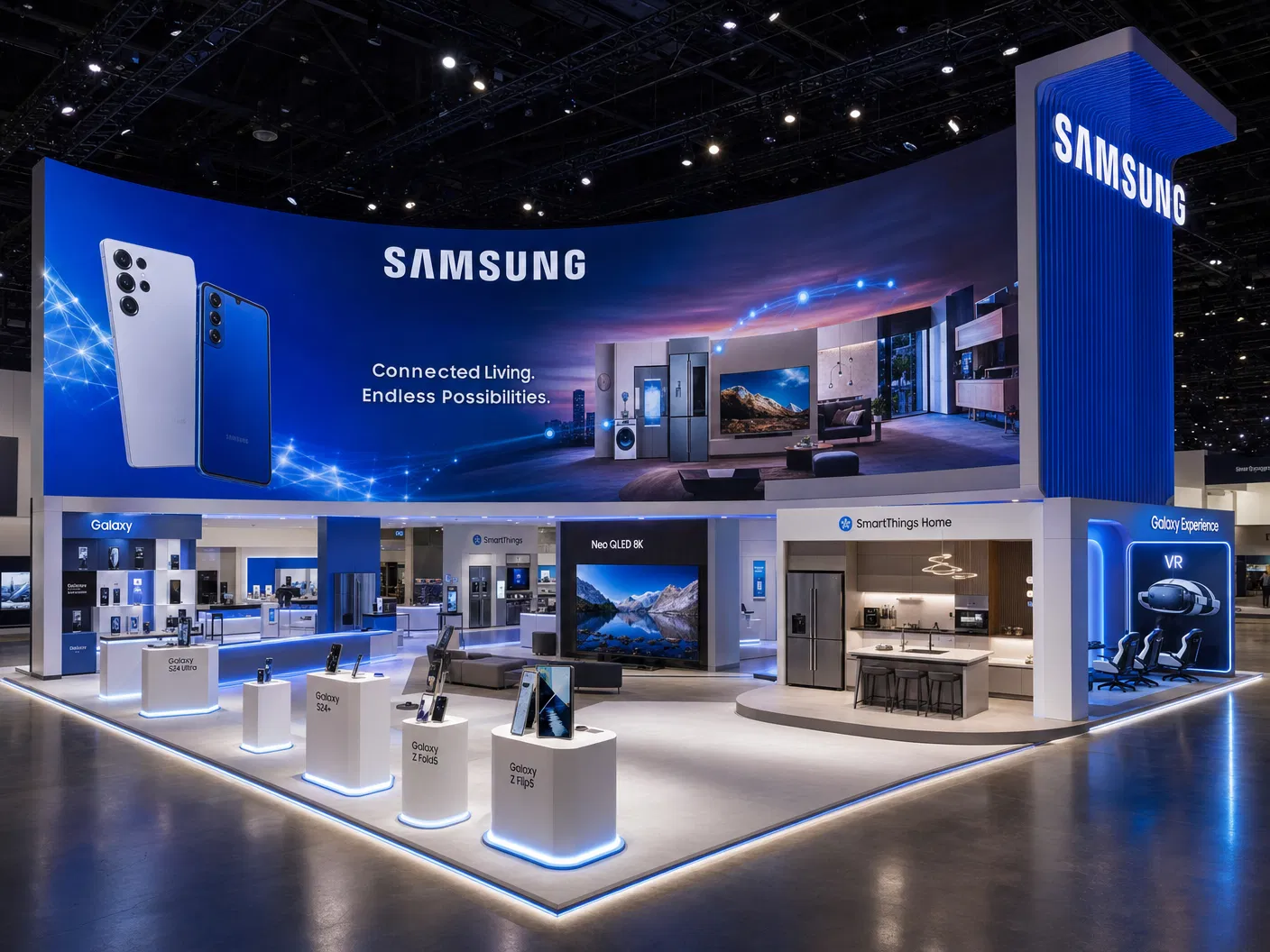 30' x 30' island LED exhibit with integrated video wall and active show-floor presentation