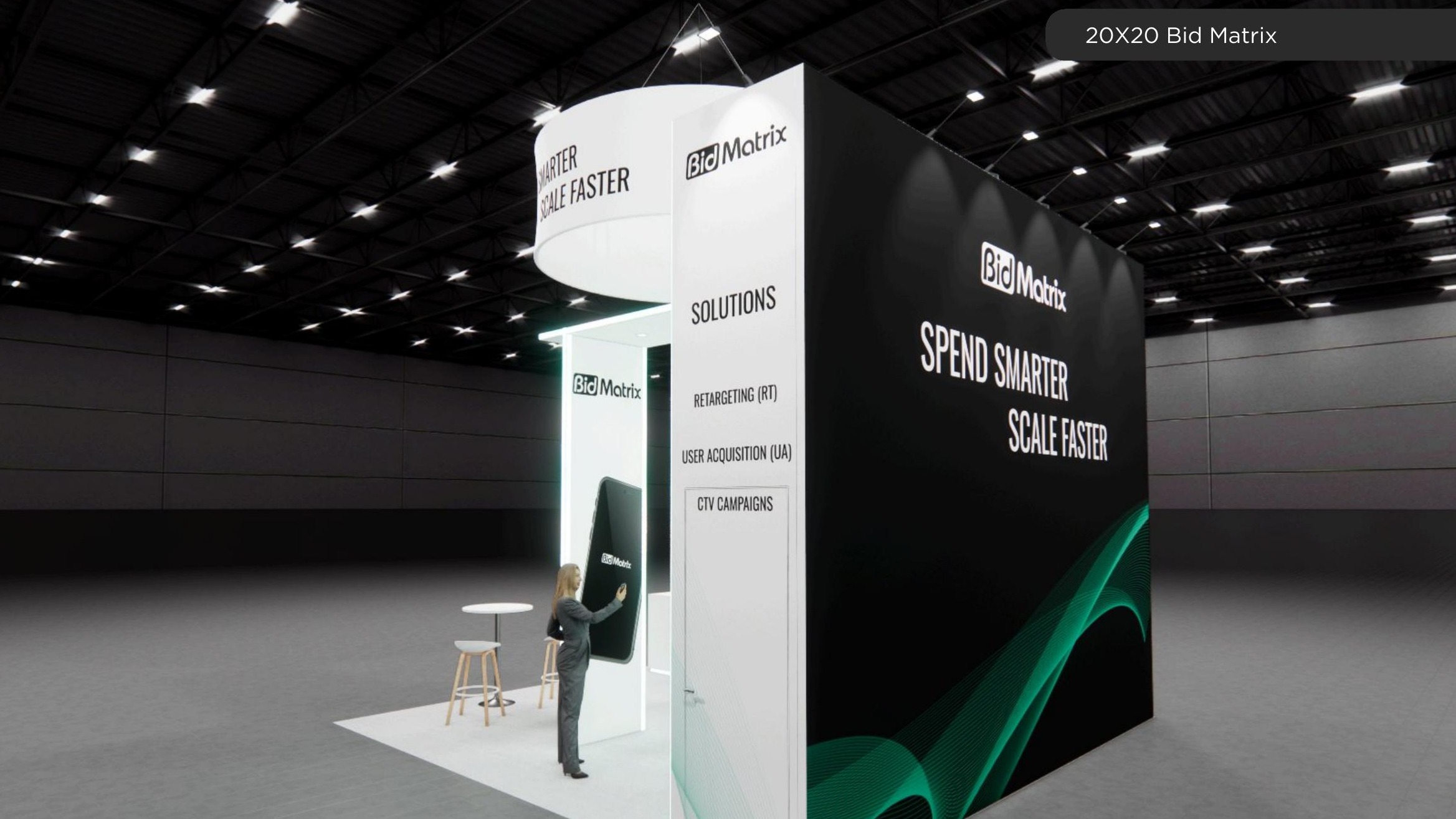20x20 trade show exhibit rental — suspended-halo island design
