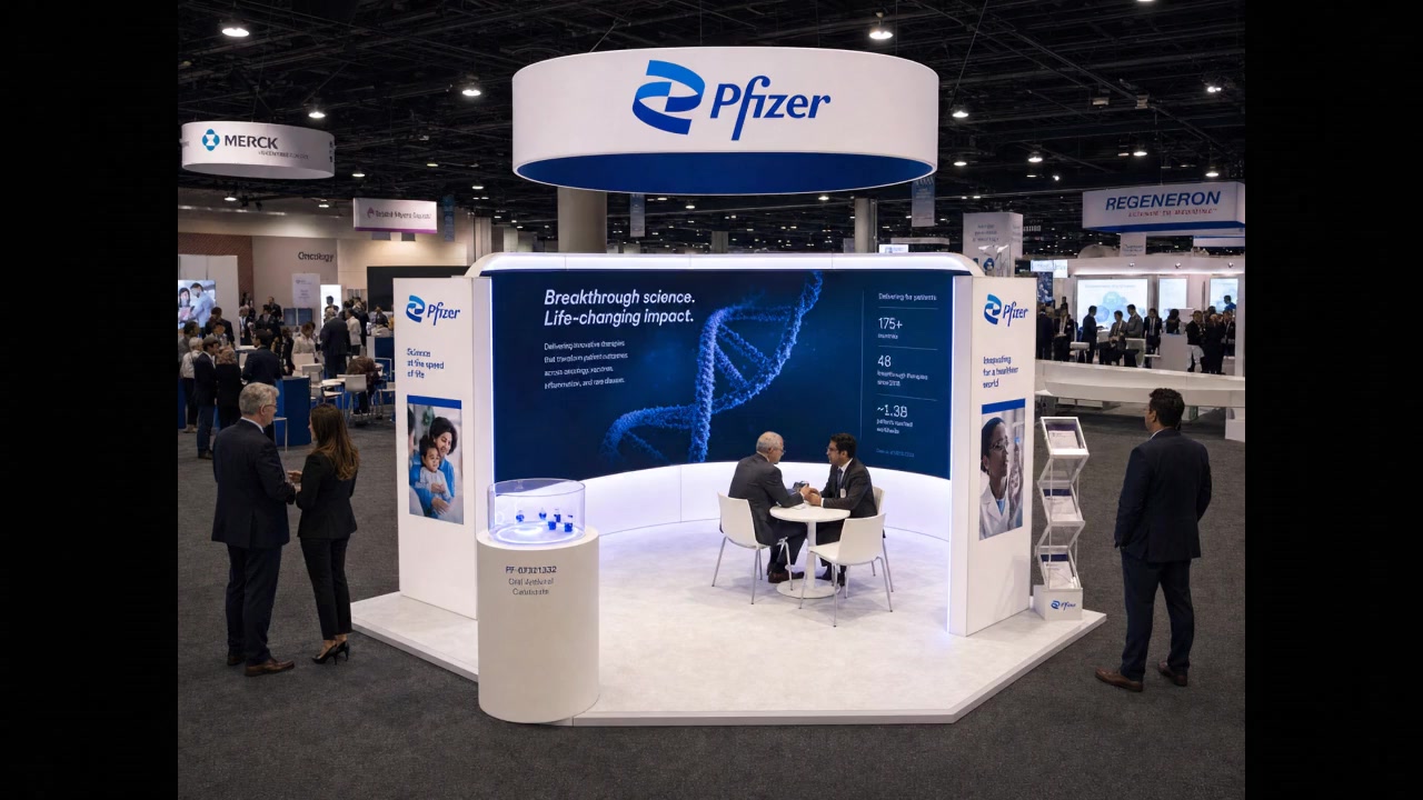30' x 30' premium LED island concept for a retail-media exhibitor with a retail media forum, shelf-tech vignette, data wall, and cafe consult zone