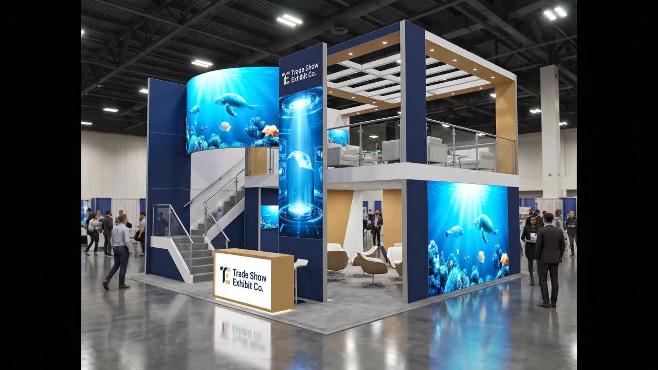 20x20 trade show exhibit rental — 20' x 20' custom exhibit design — open-circulation island design