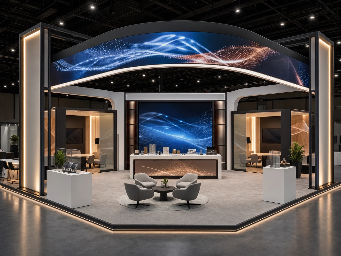 30x30 consumer electronics LED island trade show exhibit at Las Vegas LVCC with a 16 ft curved LED video wall and floating product pedestals.