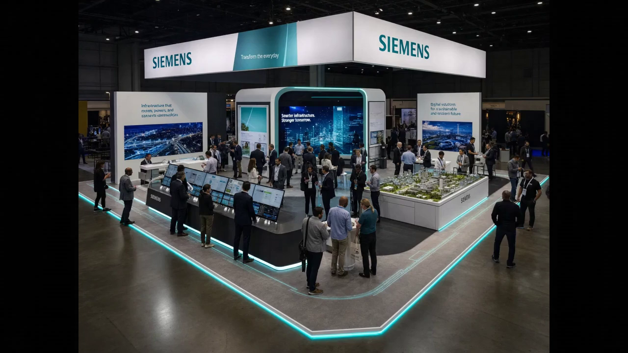 30' x 40' LED island concept with premium brand styling, modular LED architecture, and open circulation