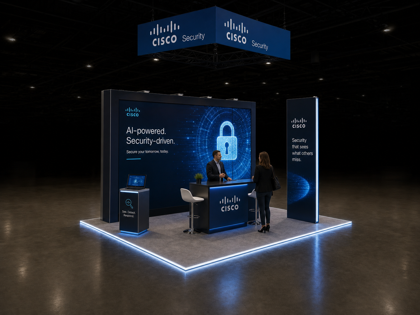 20' x 20' premium LED island concept for a networking-technology exhibitor with security command bar, a threat-analytics bar and a compact security pedestal, inside a true square 20' x 20' four-side-open footprint and still-image-only poster routing