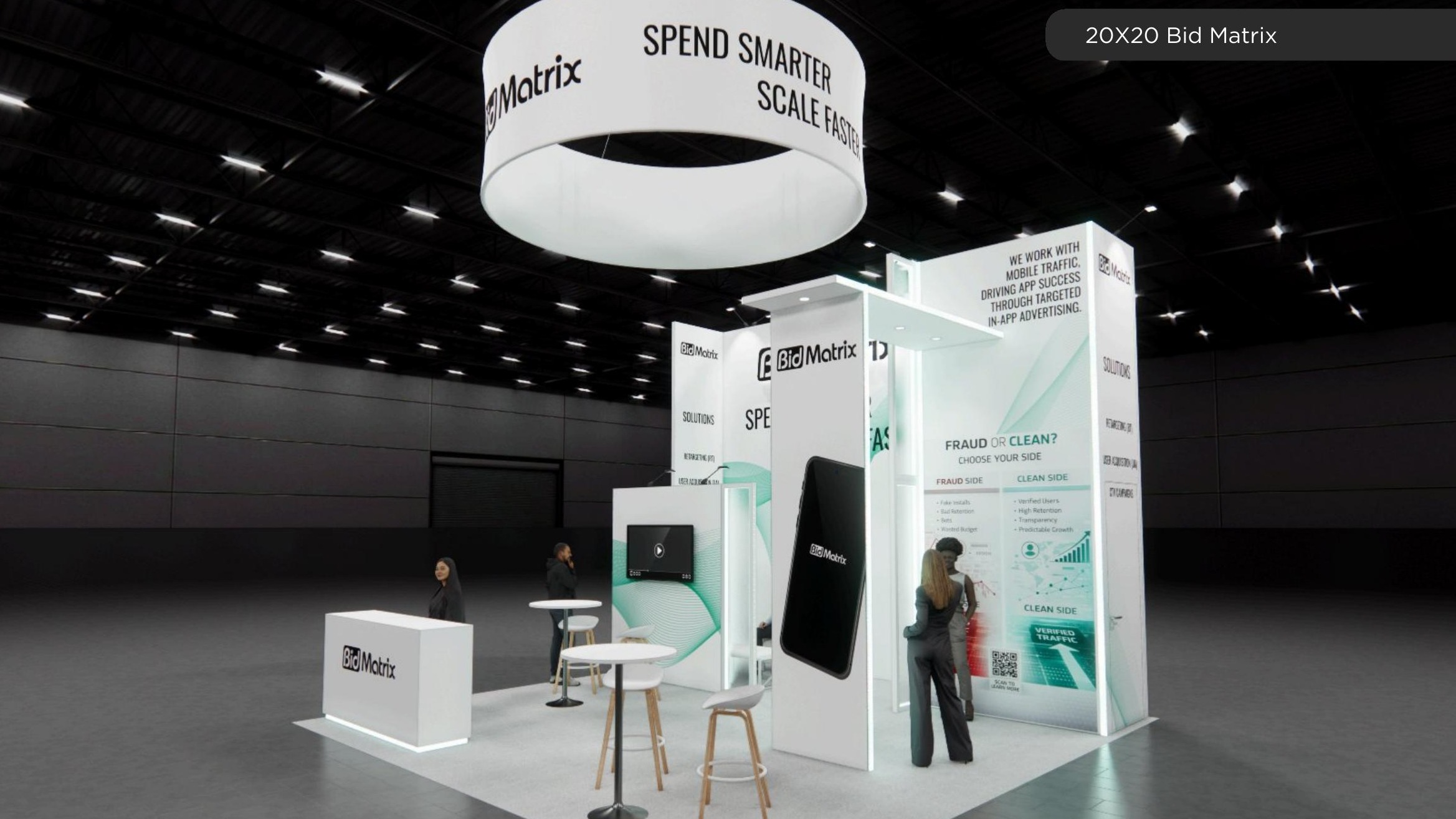 20x20 trade show exhibit rental — suspended-halo island design