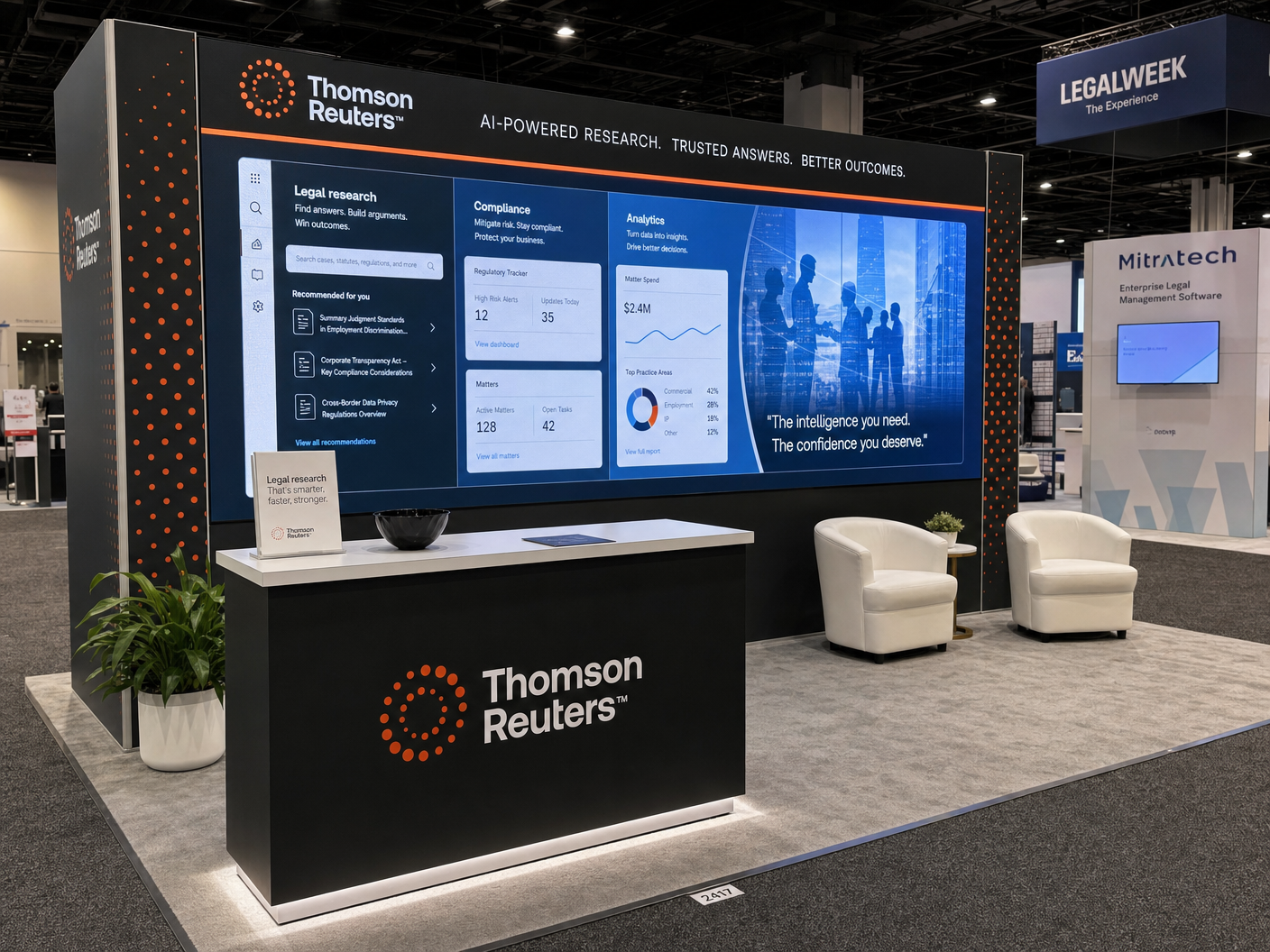 10' x 20' Legalweek inline LED exhibit for legal-tech teams with a longer rectangular footprint and wider consult edge