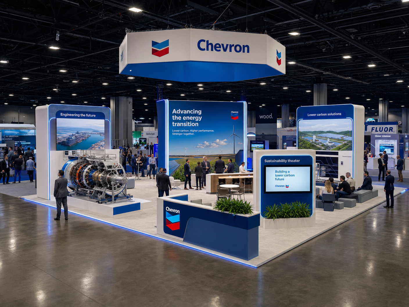 30' x 30' premium LED island concept for an energy exhibitor with an energy transition pavilion, equipment cutaway, sustainability theater, and meeting zone